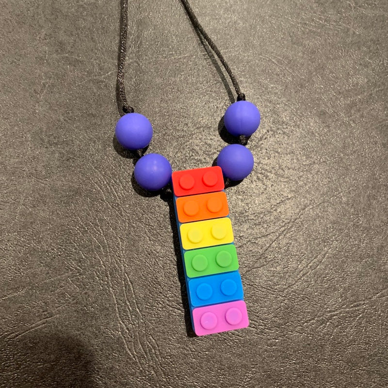 ChewBling Sensory Blue Rainbow BLOCK LEGO Chewelry Necklace for Children and Adults, Autism, Anxiety, ADHD