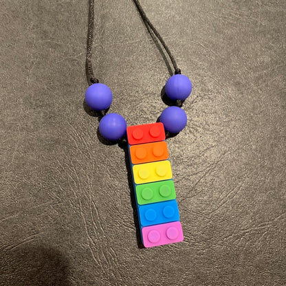 ChewBling Sensory Blue Rainbow BLOCK LEGO Chewelry Necklace for Children and Adults, Autism, Anxiety, ADHD