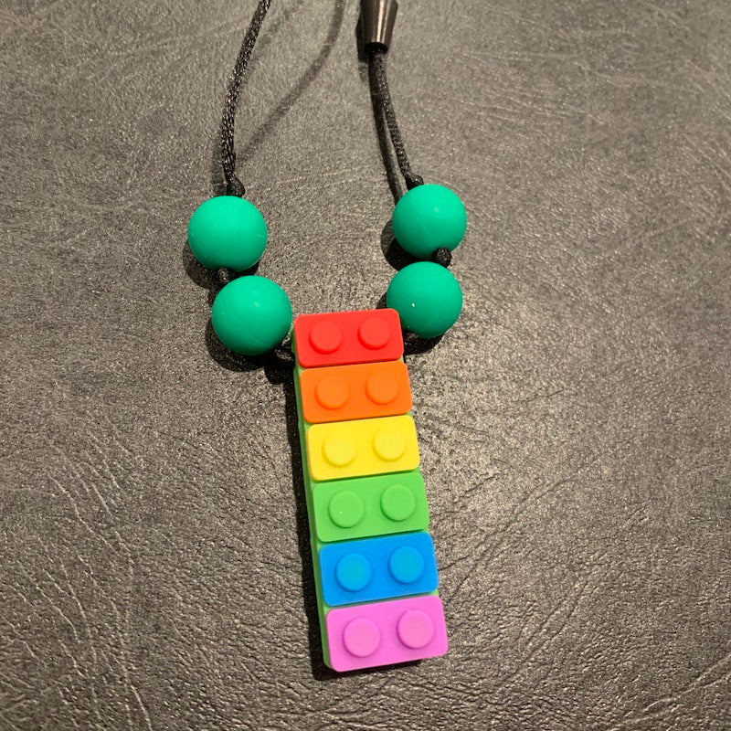 ChewBling Sensory Green Rainbow BLOCK LEGO Chewelry Necklace for Children and Adults, Autism, Anxiety, ADHD