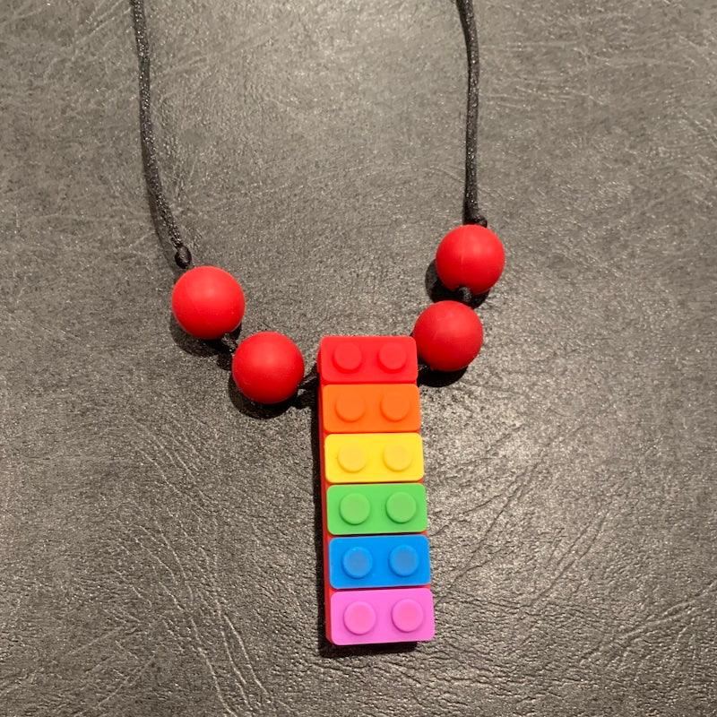 ChewBling Sensory Red Rainbow BLOCK LEGO Chewelry Necklace for Children and Adults, Autism, Anxiety, ADHD