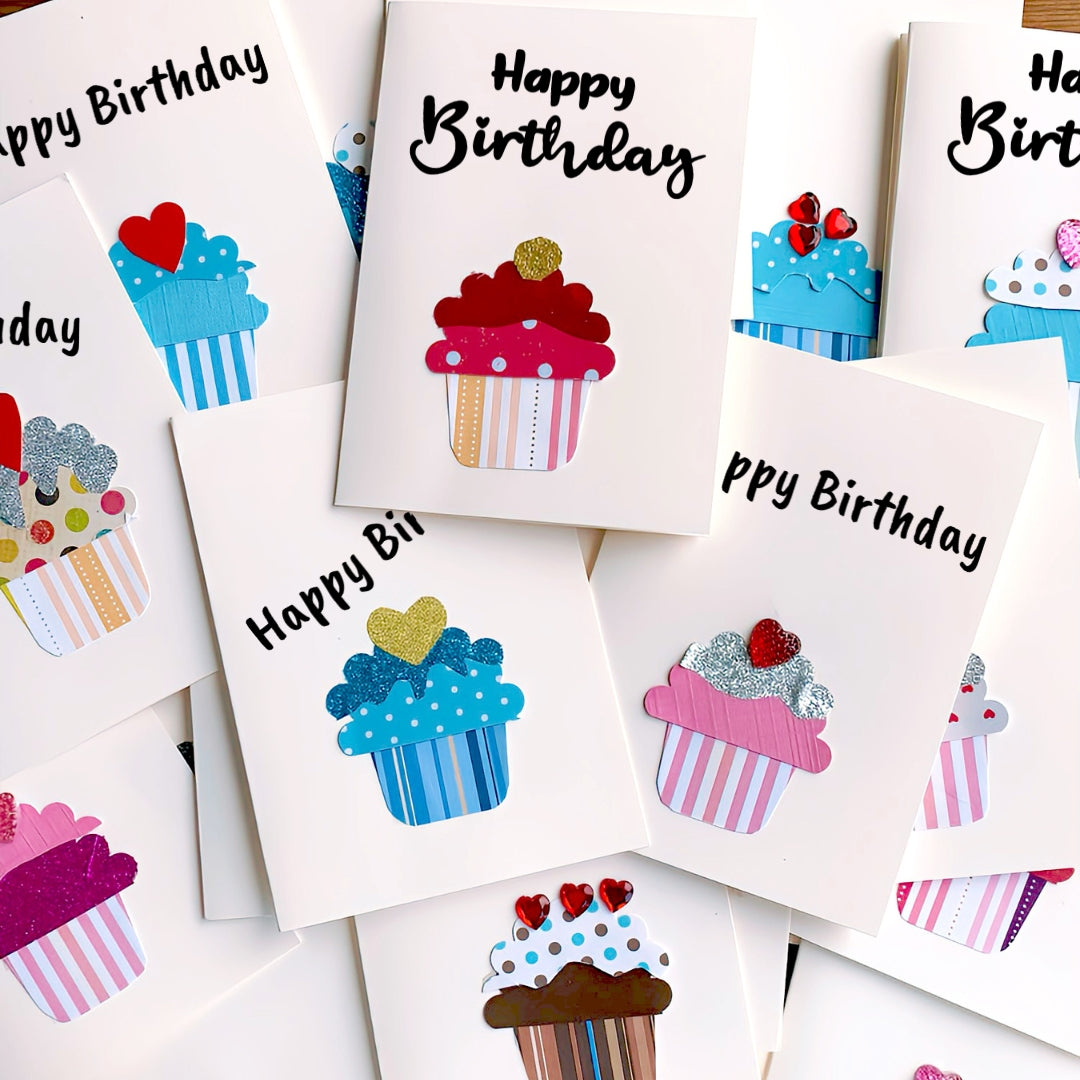 Autism made greeting cards for birthdays - Happy Birthday many cupcakes