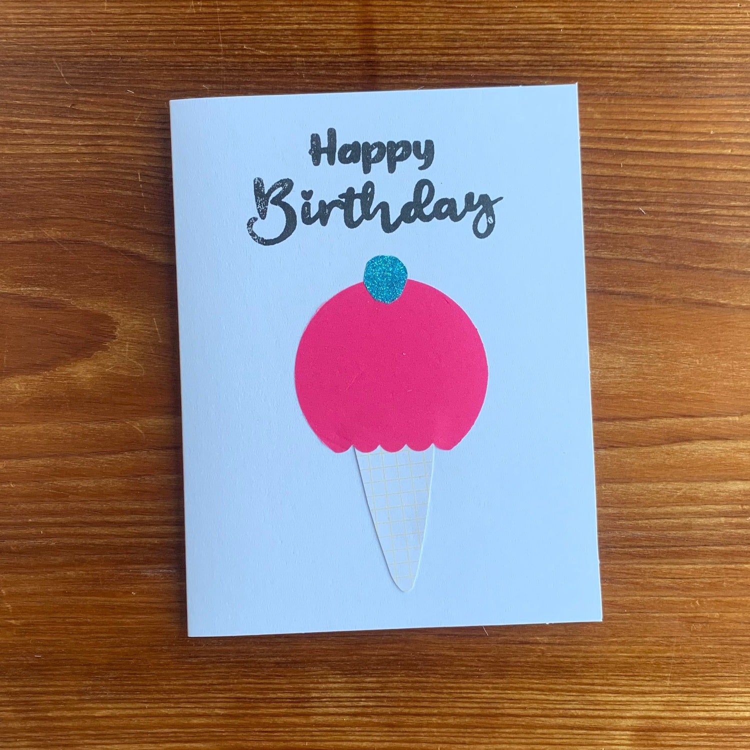 Autism made greeting cards to say Happy Birthday, pink bubblegum ice cream cone