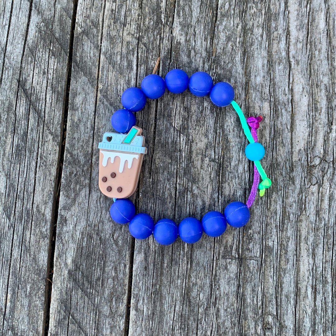 ChewBling Sensory Boba Chew Bracelets - Classic Milk Tea Boba with indigo blue silicone beads