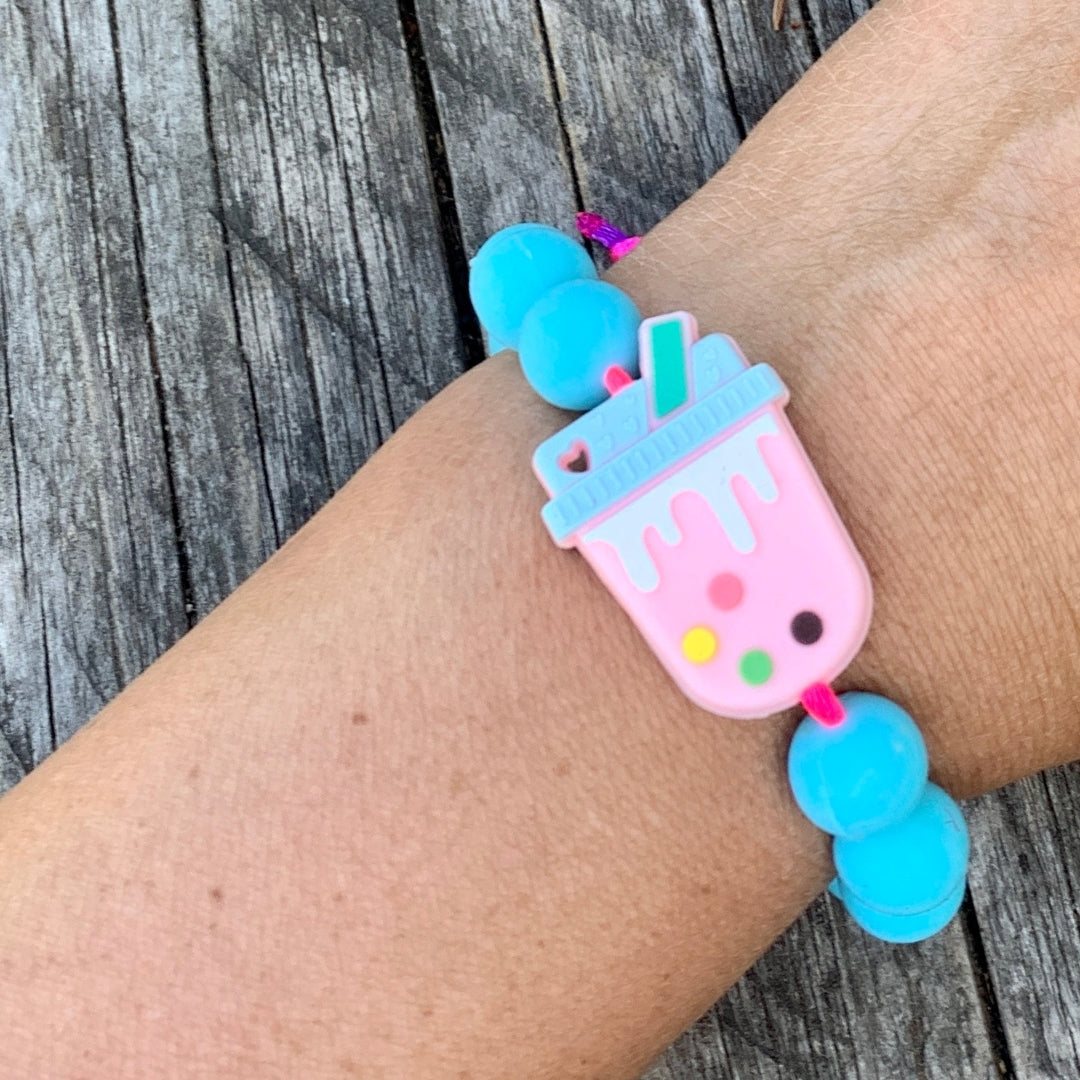 ChewBling Sensory Boba Chew Bracelets - Strawberry Boba Tea with turquoise blue silicone beads, size small fits 4.5" to 6"