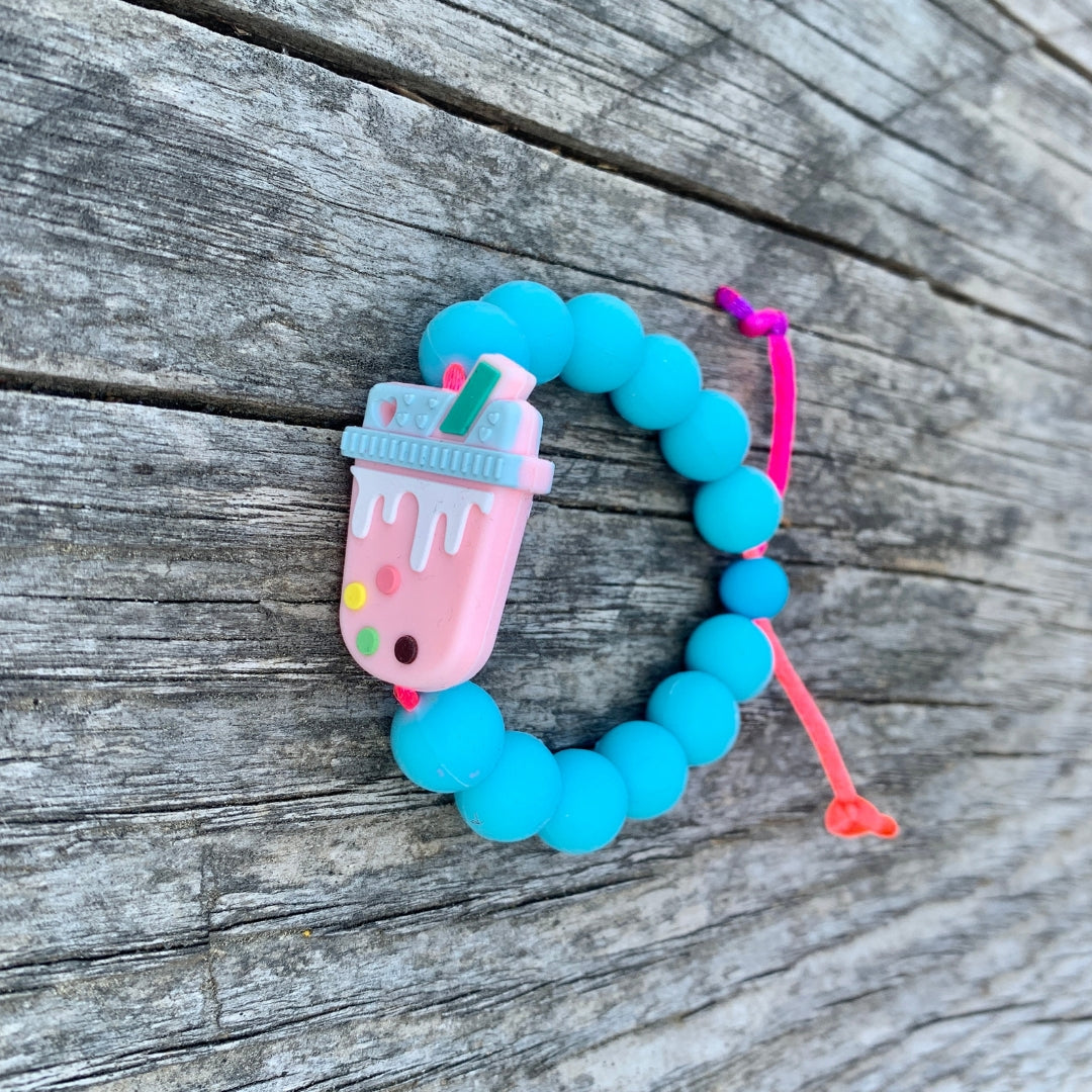 ChewBling Sensory Boba Chew Bracelets - Strawberry Boba Tea with turquoise blue silicone beads, adjustable length