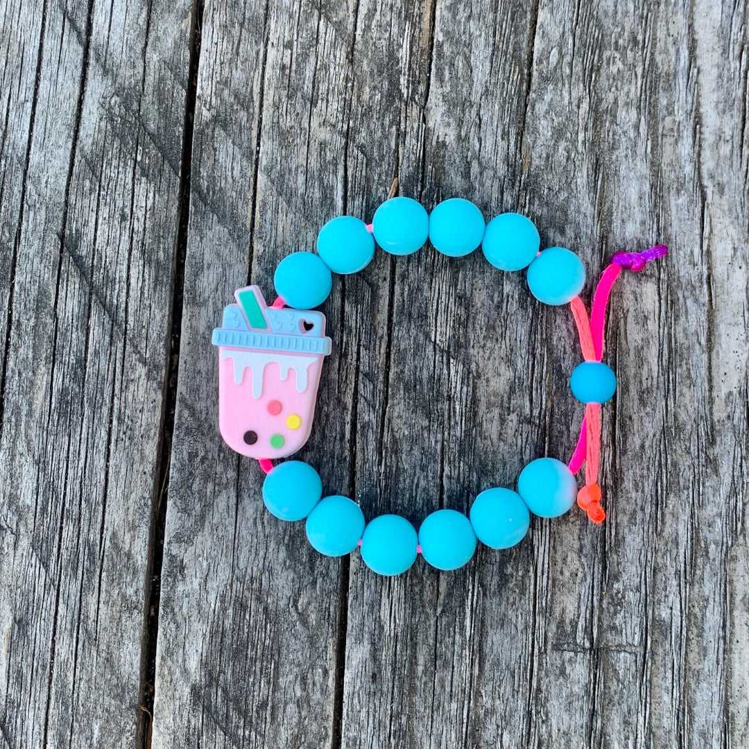 ChewBling Sensory Boba Chew Bracelets - Strawberry Boba Tea with turquoise blue silicone beads