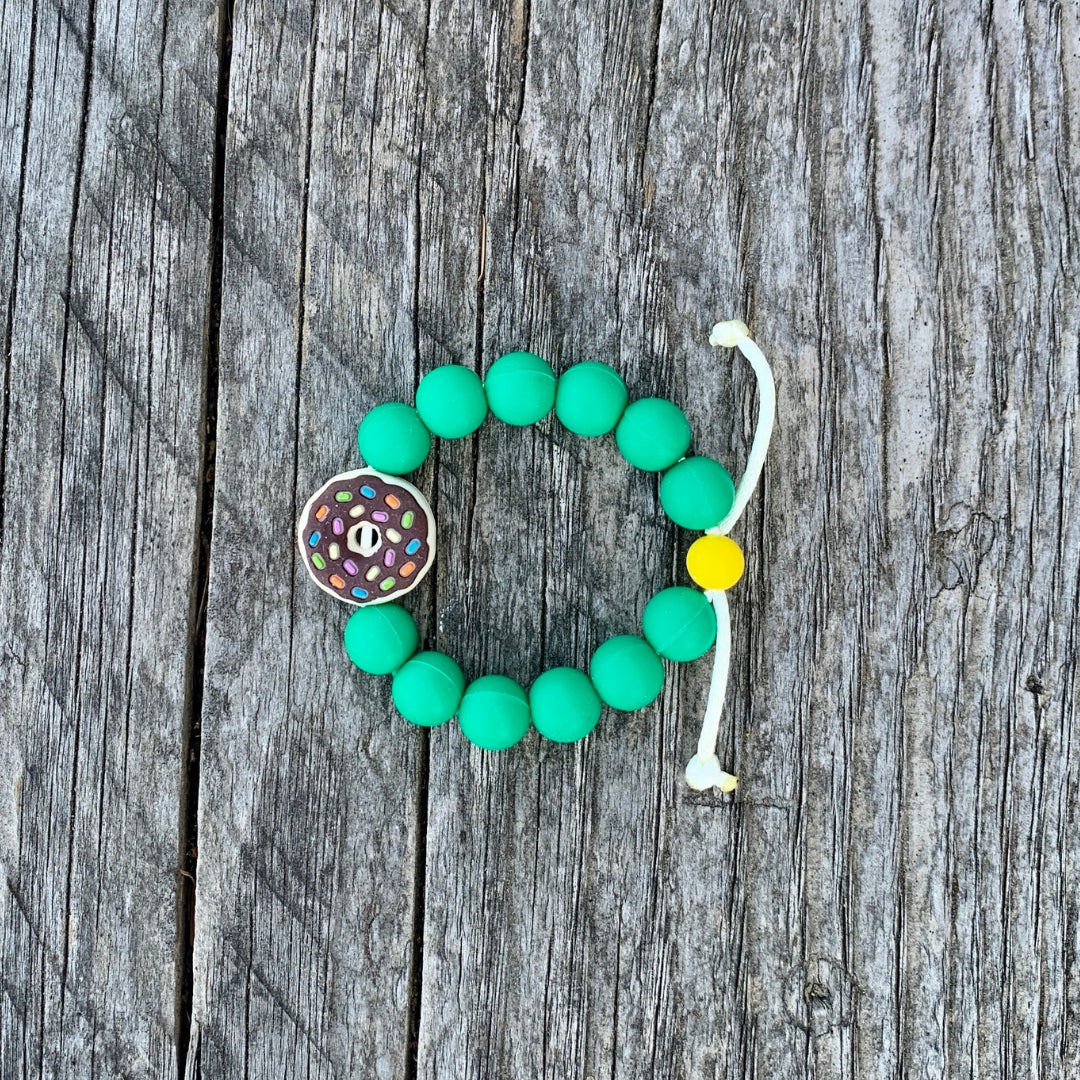 ChewBling Sensory adjustable DONUT chew bracelet - Chocolate Confetti donut with green silicone beads