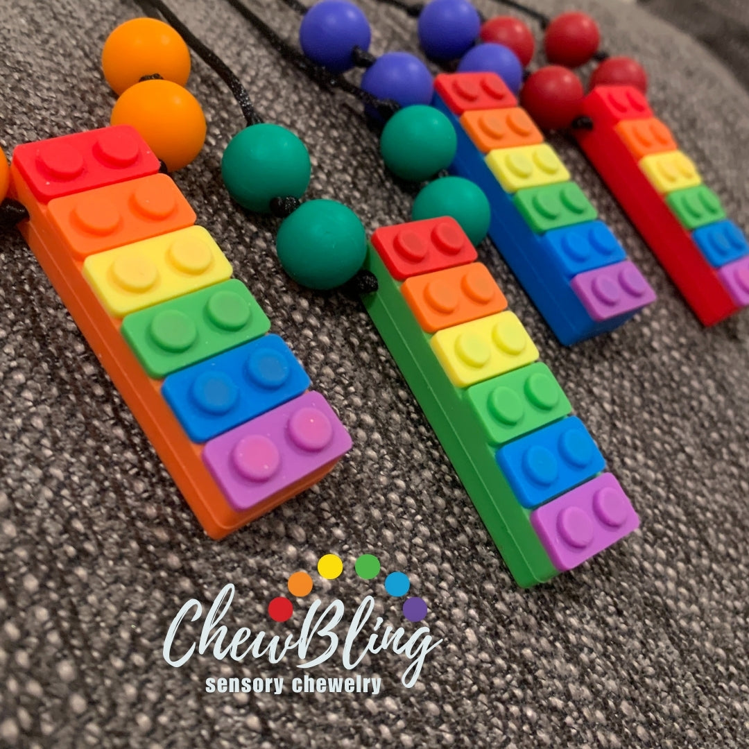 ChewBling Sensory Red Orange Green Blue Rainbow BLOCK LEGO Chewelry Necklace for Children and Adults, Autism, Anxiety, ADHD