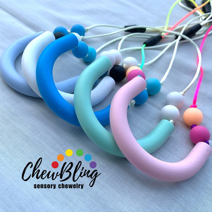 ChewBling Sensory curved TUBE chew necklace is designed for sensory seekers, autism, anxiety, ADHD and oral motor needs.