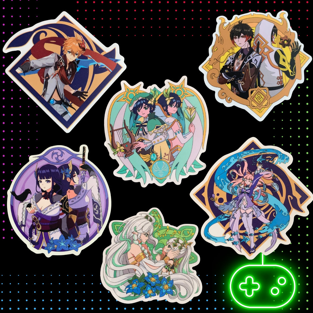 Set of 6 Genshin Impact Stickers - Venti, Childe, Kokomi, Zhongli, Raiden, Nahida