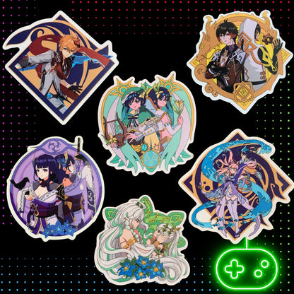 Set of 6 Genshin Impact Stickers - Venti, Childe, Kokomi, Zhongli, Raiden, Nahida