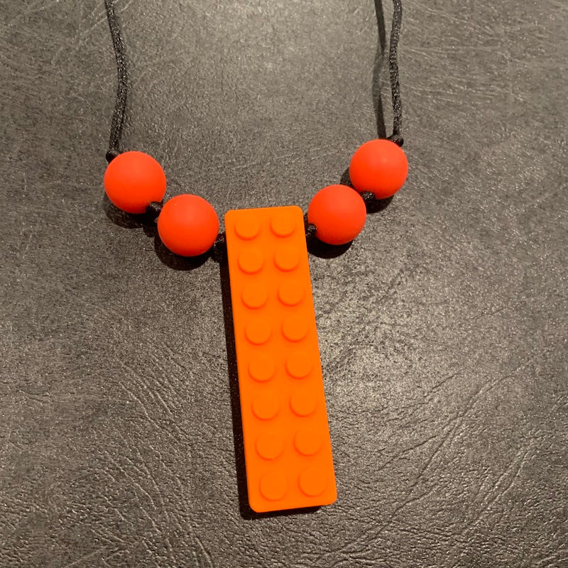 ChewBling Sensory Solid Orange BLOCK LEGO Chewelry Necklace for Children and Adults, Autism, Anxiety, ADHD