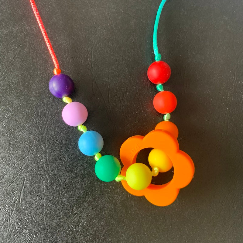 ChewBling Sensory RAINBOW with Orange Flower Pendant Chewelry Necklace for Children and Adults, Autism, Anxiety, ADHD