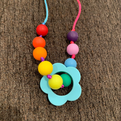 ChewBling Sensory RAINBOW with Turquoise Flower Pendant Chewelry Necklace for Children and Adults, Autism, Anxiety, ADHD